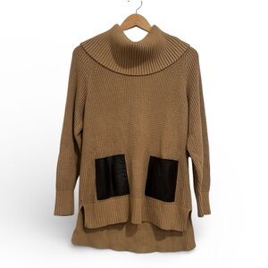 Michael Kors Cowl Neck Sweater | Camel Waffle Knit | Leather Pockets - Size M